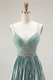 Grey Green Spaghetti Straps A Line Prom Dress with Rhinestones