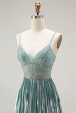 Grey Green Spaghetti Straps A Line Prom Dress with Rhinestones