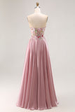 Strapless Grey Pink Corset A Line Appliqued Prom Dress