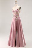 Strapless Grey Pink Corset A Line Appliqued Prom Dress