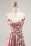 Strapless Grey Pink Corset A Line Appliqued Prom Dress