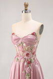 Strapless Grey Pink Corset A Line Appliqued Prom Dress