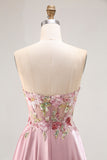 Strapless Grey Pink Corset A Line Appliqued Prom Dress
