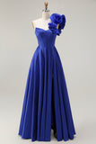 Ruffled One Shoulder A Line Corset Royal Blue Prom Dress