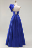Ruffled One Shoulder A Line Corset Royal Blue Prom Dress