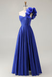 Ruffled One Shoulder A Line Corset Royal Blue Prom Dress