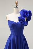 Ruffled One Shoulder A Line Corset Royal Blue Prom Dress