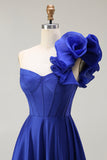 Ruffled One Shoulder A Line Corset Royal Blue Prom Dress