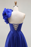Ruffled One Shoulder A Line Corset Royal Blue Prom Dress