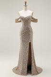 Sparkly Champagne Off the Shoulder Prom Dress