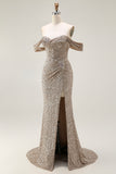 Sparkly Champagne Off the Shoulder Prom Dress