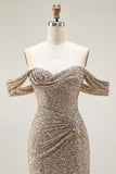 Sparkly Champagne Off the Shoulder Prom Dress