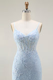 Appliqued Spaghetti Straps Corset Blue Prom Dress