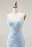 Appliqued Spaghetti Straps Corset Blue Prom Dress