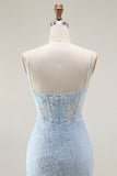 Appliqued Spaghetti Straps Corset Blue Prom Dress