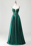 Dark Green Satin A Line Corset Beaded Prom Dress