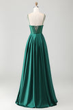 Dark Green Satin A Line Corset Beaded Prom Dress