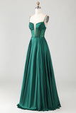 Dark Green Satin A Line Corset Beaded Prom Dress