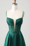 Dark Green Satin A Line Corset Beaded Prom Dress