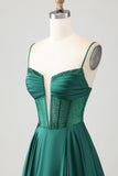 Dark Green Satin A Line Corset Beaded Prom Dress