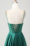 Dark Green Satin A Line Corset Beaded Prom Dress