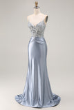 Grey Blue Corset Appliqued Mermaid Prom Dress