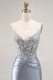 Grey Blue Corset Appliqued Mermaid Prom Dress