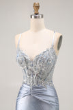 Grey Blue Corset Appliqued Mermaid Prom Dress