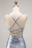 Grey Blue Corset Appliqued Mermaid Prom Dress