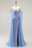 Blue Cold Shoulder Satin Corset Ruched Prom Dress