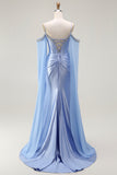 Blue Cold Shoulder Satin Corset Ruched Prom Dress