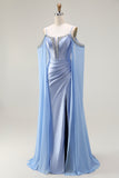 Blue Cold Shoulder Satin Corset Ruched Prom Dress