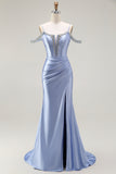 Blue Cold Shoulder Satin Corset Ruched Prom Dress