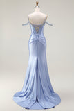Blue Cold Shoulder Satin Corset Ruched Prom Dress