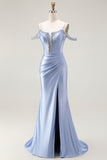 Blue Cold Shoulder Satin Corset Ruched Prom Dress