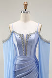 Blue Cold Shoulder Satin Corset Ruched Prom Dress