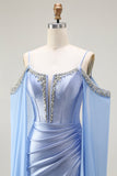 Blue Cold Shoulder Satin Corset Ruched Prom Dress