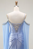 Blue Cold Shoulder Satin Corset Ruched Prom Dress