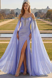 Lilac Cold Shoulder Satin Corset Ruched Prom Dress