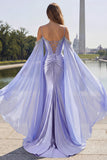 Lilac Cold Shoulder Satin Corset Ruched Prom Dress