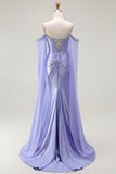 Lilac Cold Shoulder Satin Corset Ruched Prom Dress