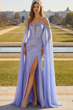 Lilac Cold Shoulder Satin Corset Ruched Prom Dress