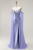 Lilac Cold Shoulder Satin Corset Ruched Prom Dress