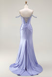 Lilac Cold Shoulder Satin Corset Ruched Prom Dress