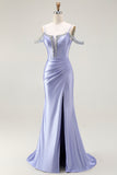 Lilac Cold Shoulder Satin Corset Ruched Prom Dress