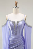 Lilac Cold Shoulder Satin Corset Ruched Prom Dress