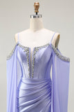 Lilac Cold Shoulder Satin Corset Ruched Prom Dress