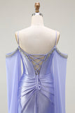 Lilac Cold Shoulder Satin Corset Ruched Prom Dress