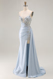 Appliqued Corset Mermaid Light Blue Prom Dress