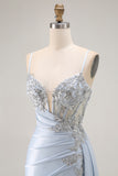 Appliqued Corset Mermaid Light Blue Prom Dress